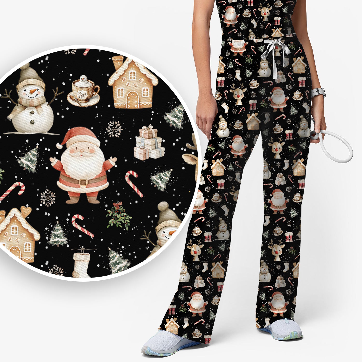 Christmas Santa Pattern  Scrub Top – Cute Medical Uniform for Nurses - Breathable Fabrics Nursing Uniform