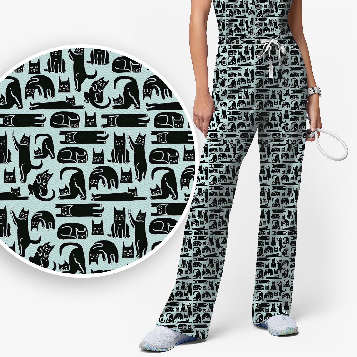 Cute Funny Cat Poses Print Scrub Sets, Scrub Pants and V Neck Top