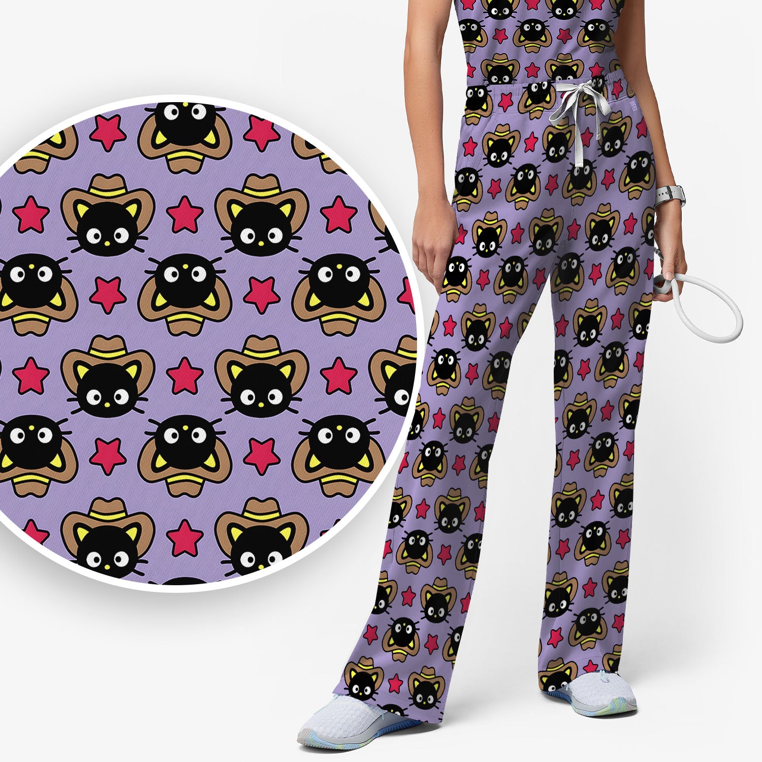 Cute Cartoon Cowboy Cat Pattern Scrub Set, Scrub Pants and V Neck Top