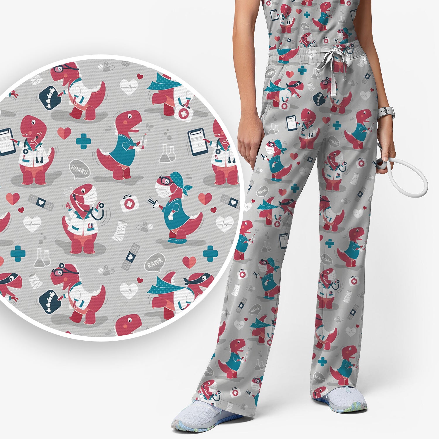 Cute Dinosaur Doctor Medical Pattern Scrub Top, Breathable Fabrics Nursing Uniform