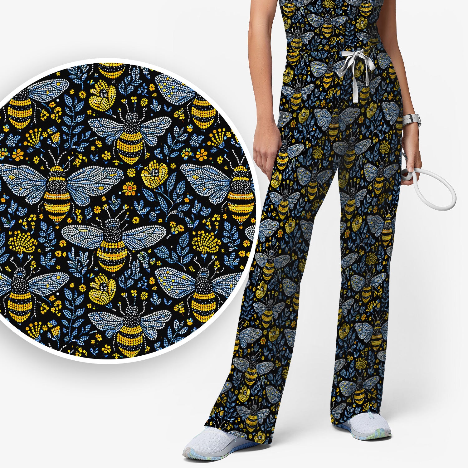 Honey Bee And Wildflower Garden Pattern Scrub Set, Scrub Pants and V Neck Top
