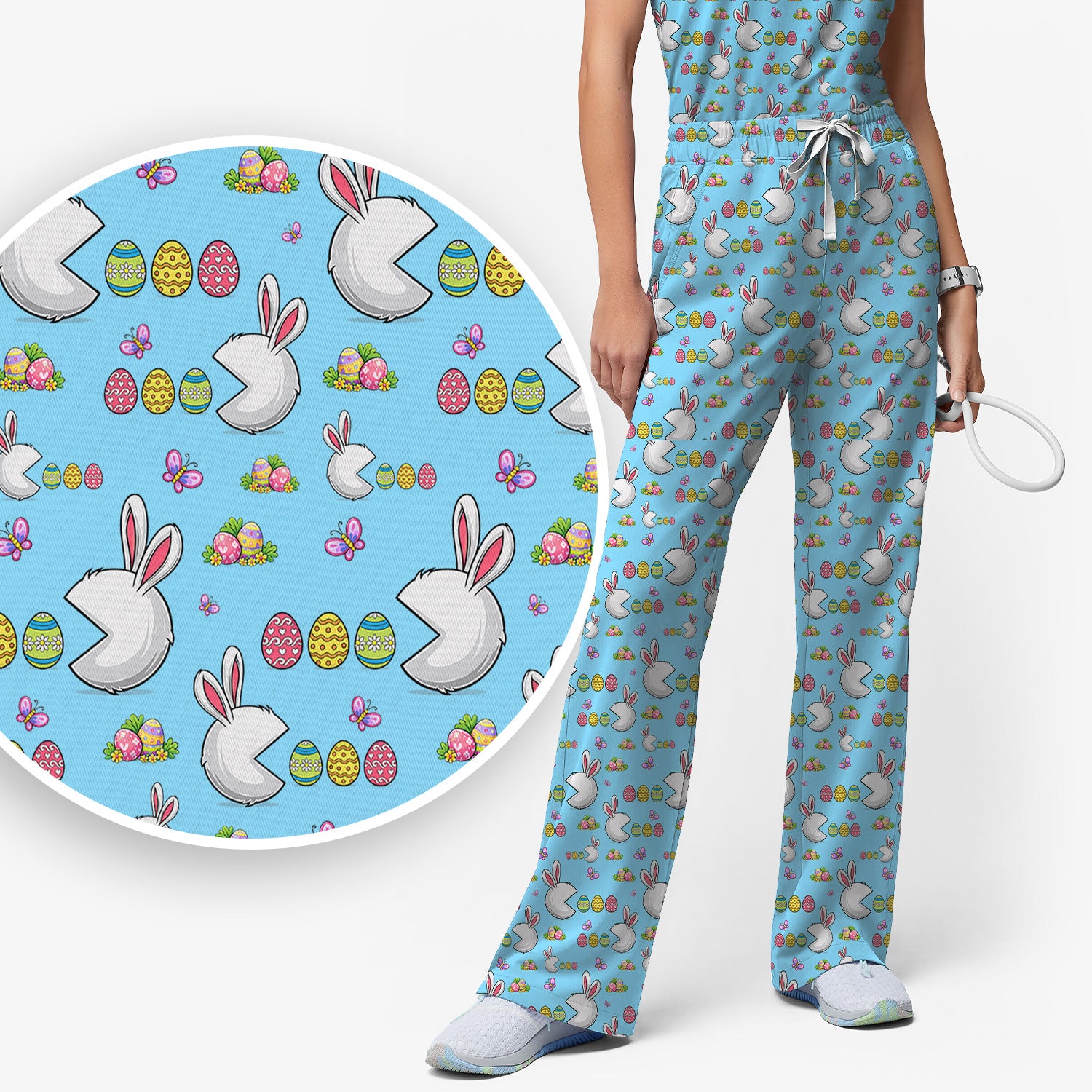 Easter Bunny and Colorful Eggs Print Scrub Set, Breathable Med Uniform