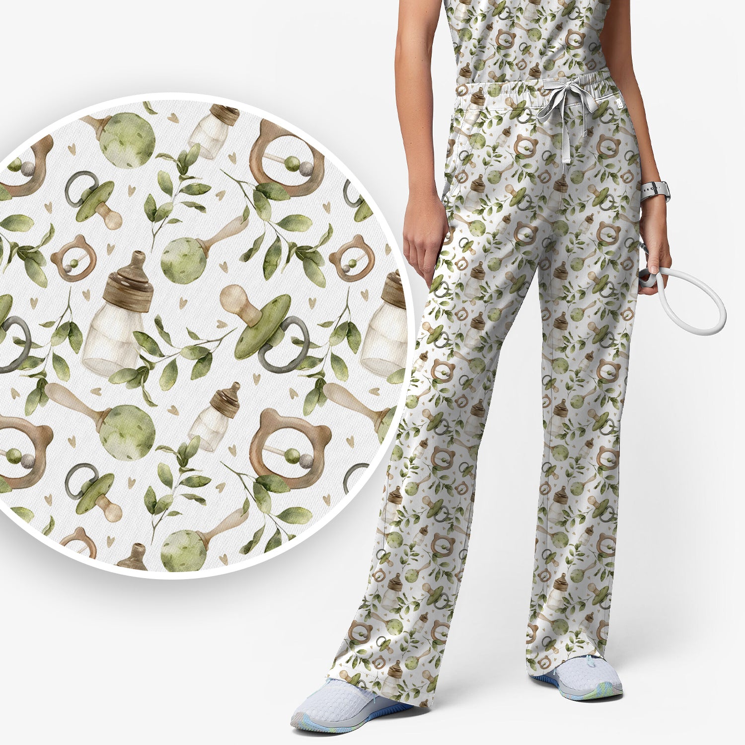 Cute Baby Bottle and Greenery Pattern Scrub Set, Breathable Med Uniform