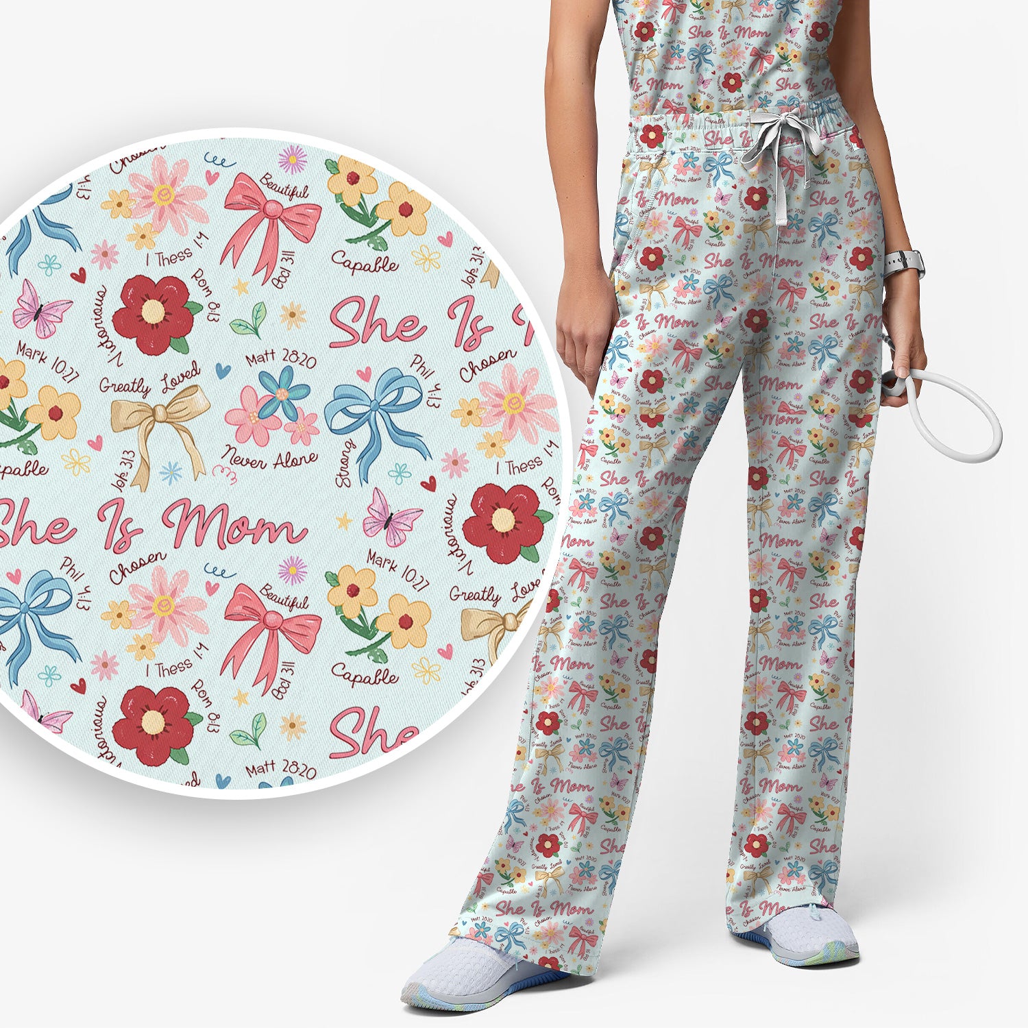 She Is Mom Flower Bow Pattern Scrub Set, Scrub Pants and V Neck Top