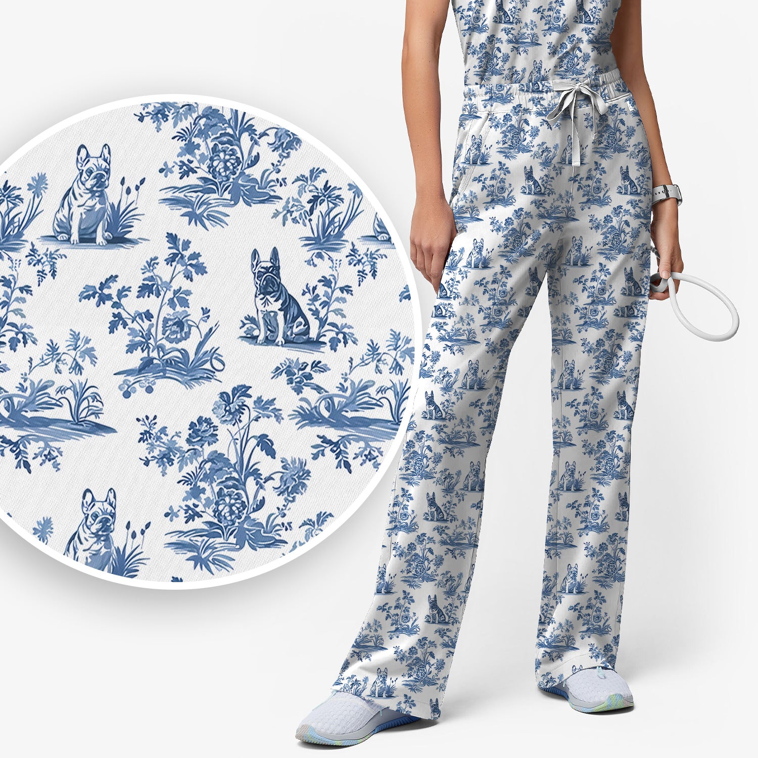 German Shepherd Toile De Jouy Scrub Set, Vintage Dog Pattern Nurse Scrub Uniform, Cute Vet Tech Uniform