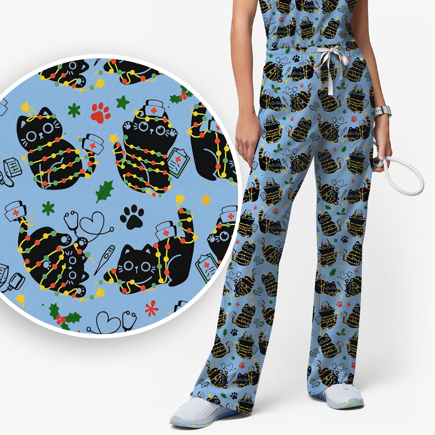 Black Cat Christmas Scrub Set – Nurse & Holiday Lights Pattern Shirt – Cute Medical Uniform For Nursing