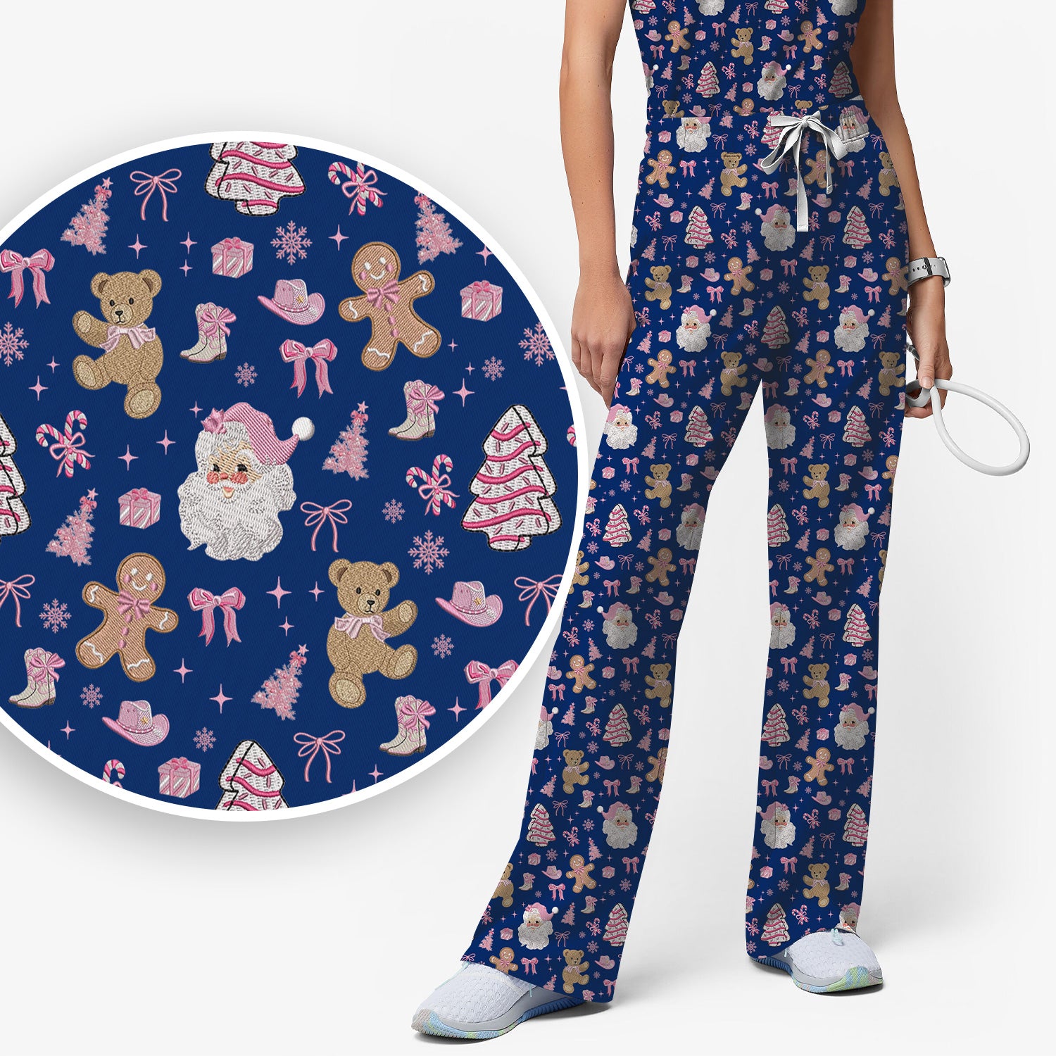 Pink Christmas Santa Gingerbread Scrub Set, Cute Holiday Medical Pattern Shirt, Breathable Fabrics Nursing Uniform