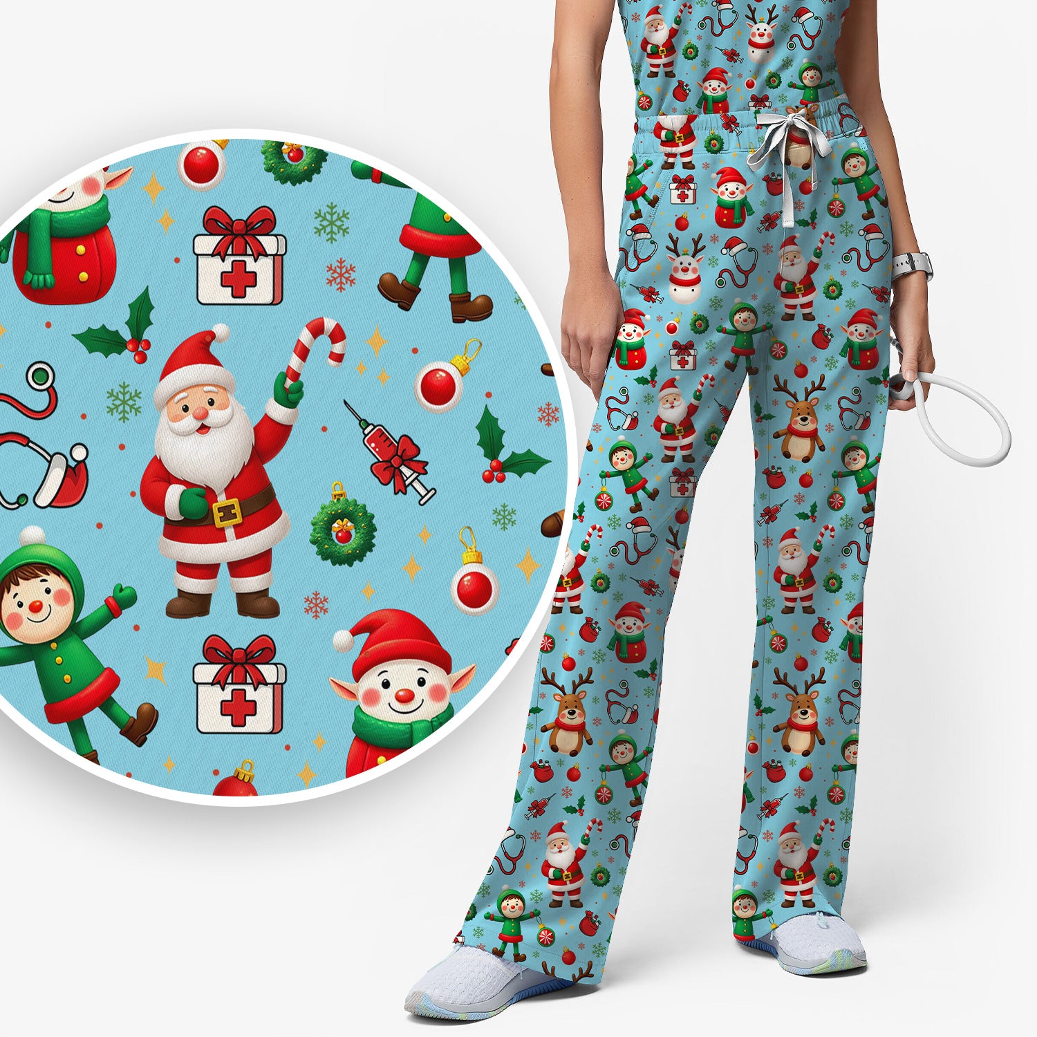 Santa Christmas Scrub Set - Cute Reindeer Scrubs Pants and V Neck Top - Festive Holiday Med Uniform for Women