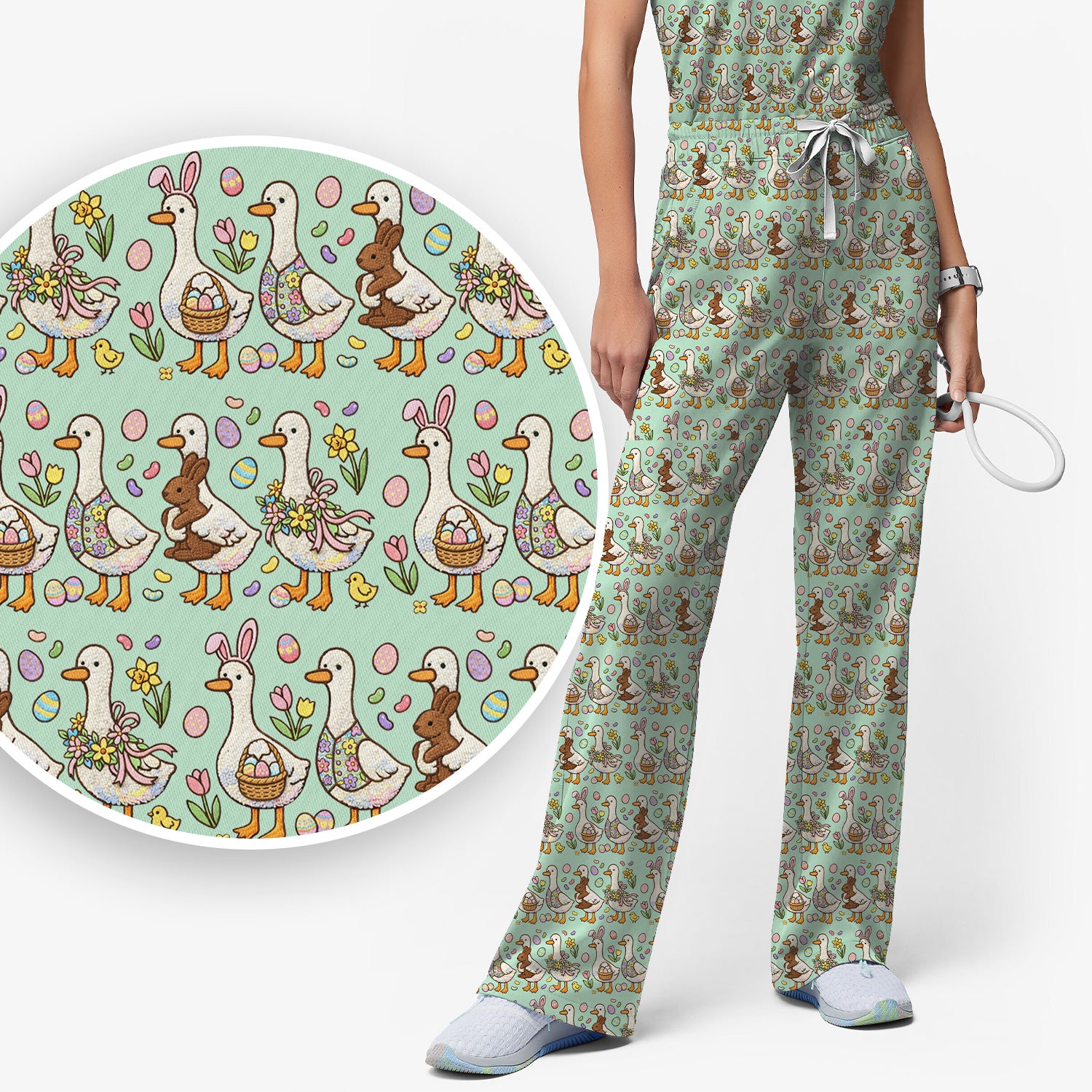 Easter Theme Duck and Bunny Egg Floral Print Scrub Set, Breathable Med Uniform