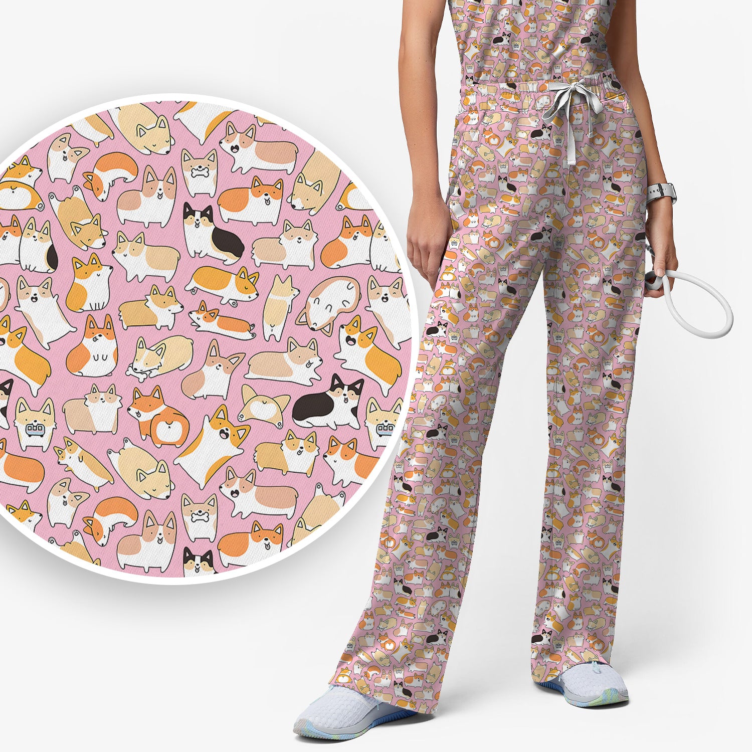 Cute Corgi Dog All Over Print Scrub Set, Scrub Pants and V Neck Top