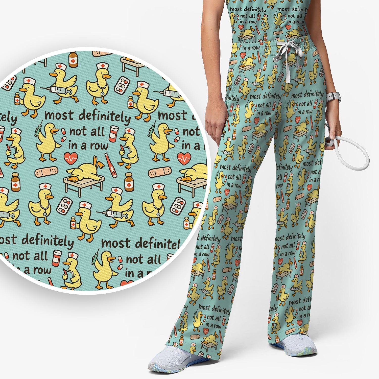 Funny Nurse Duck Medical Humor Pattern Scrub Set, Scrub Pants and V Neck Top