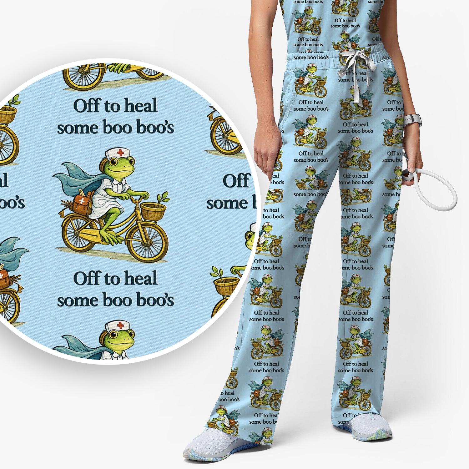 Funny Frog Nurse Cycling Pattern Scrub Set, Scrubs Pants and V Neck Top
