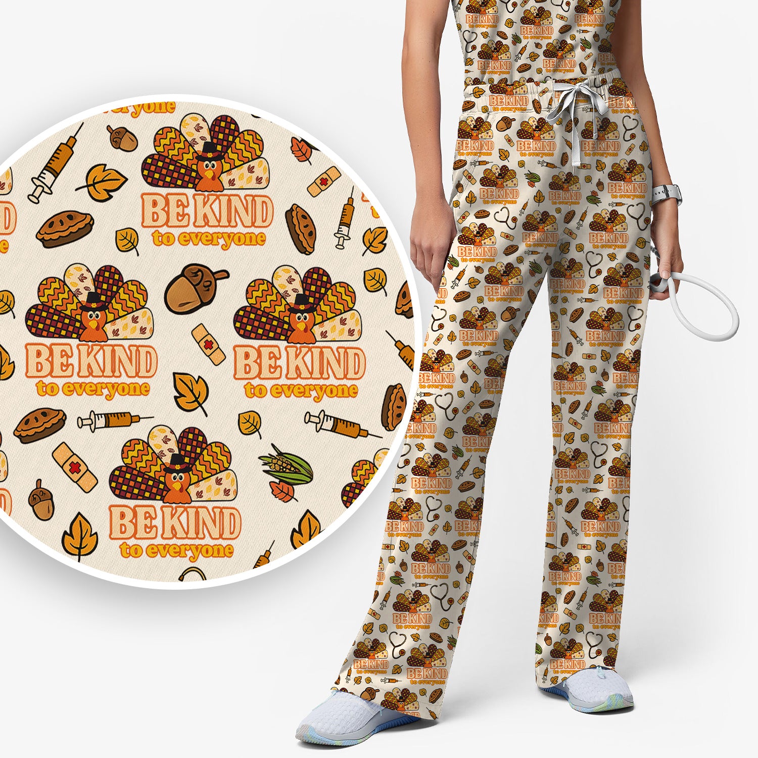 Thanksgiving Be Kind Scrub Set – Fall Nurse Shirt with Heart and Leaf Pattern – Cute Autumn Medical Uniform for Healthcare Staff