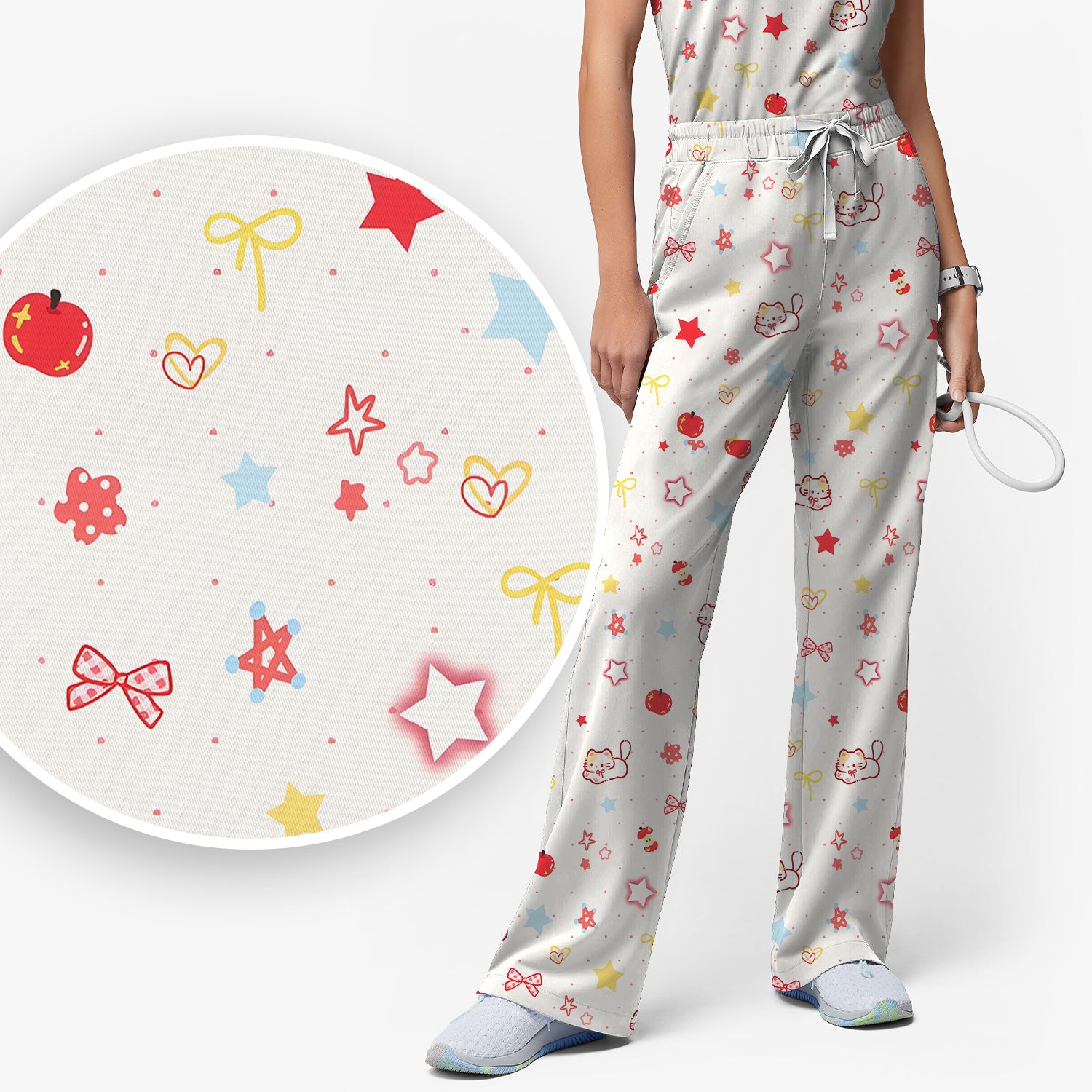 Cute Kawaii Cat Bow Star Pattern Scrub Set, Scrub Pants and V Neck Top