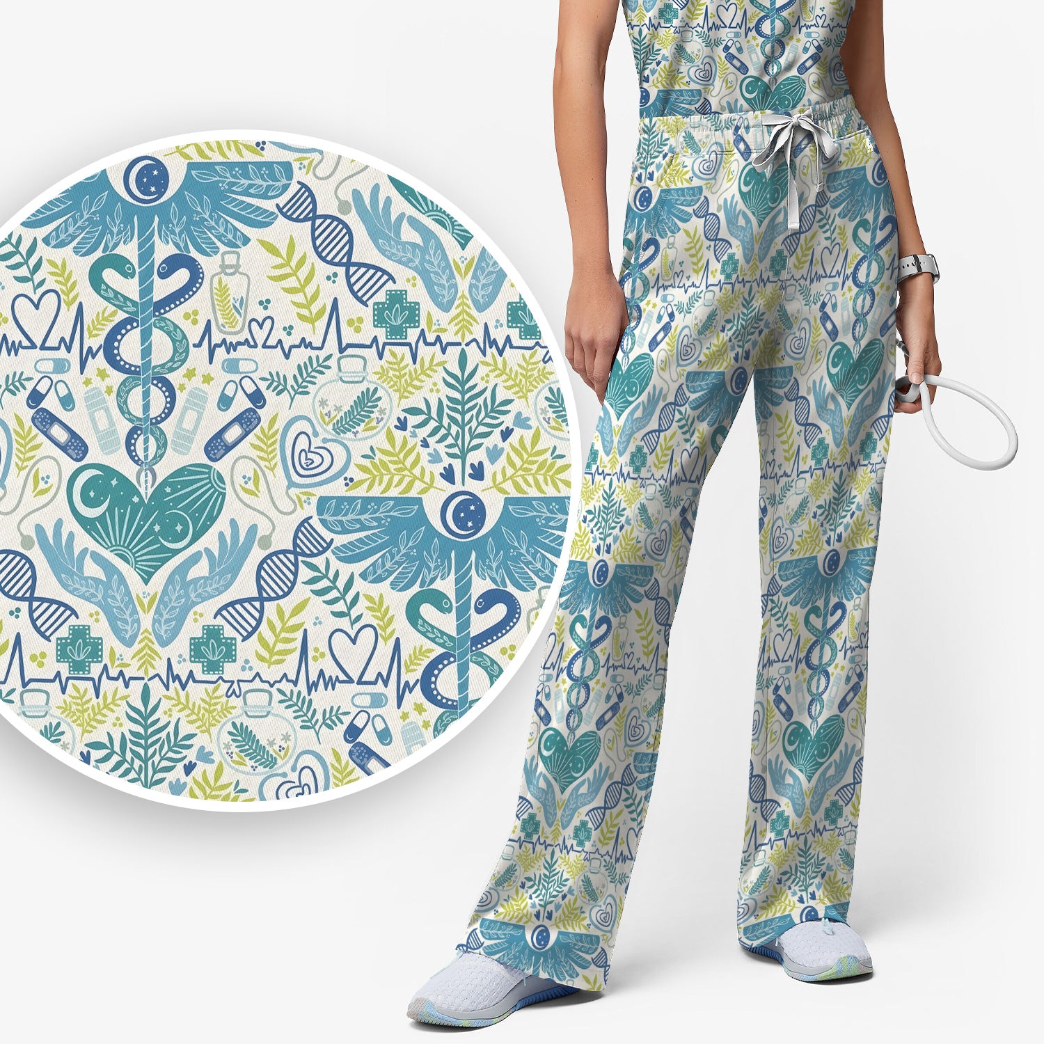 Inspirational Botanical Medical Caduceus Heart Nurse Pattern Scrub Set, Breathable Med Uniform