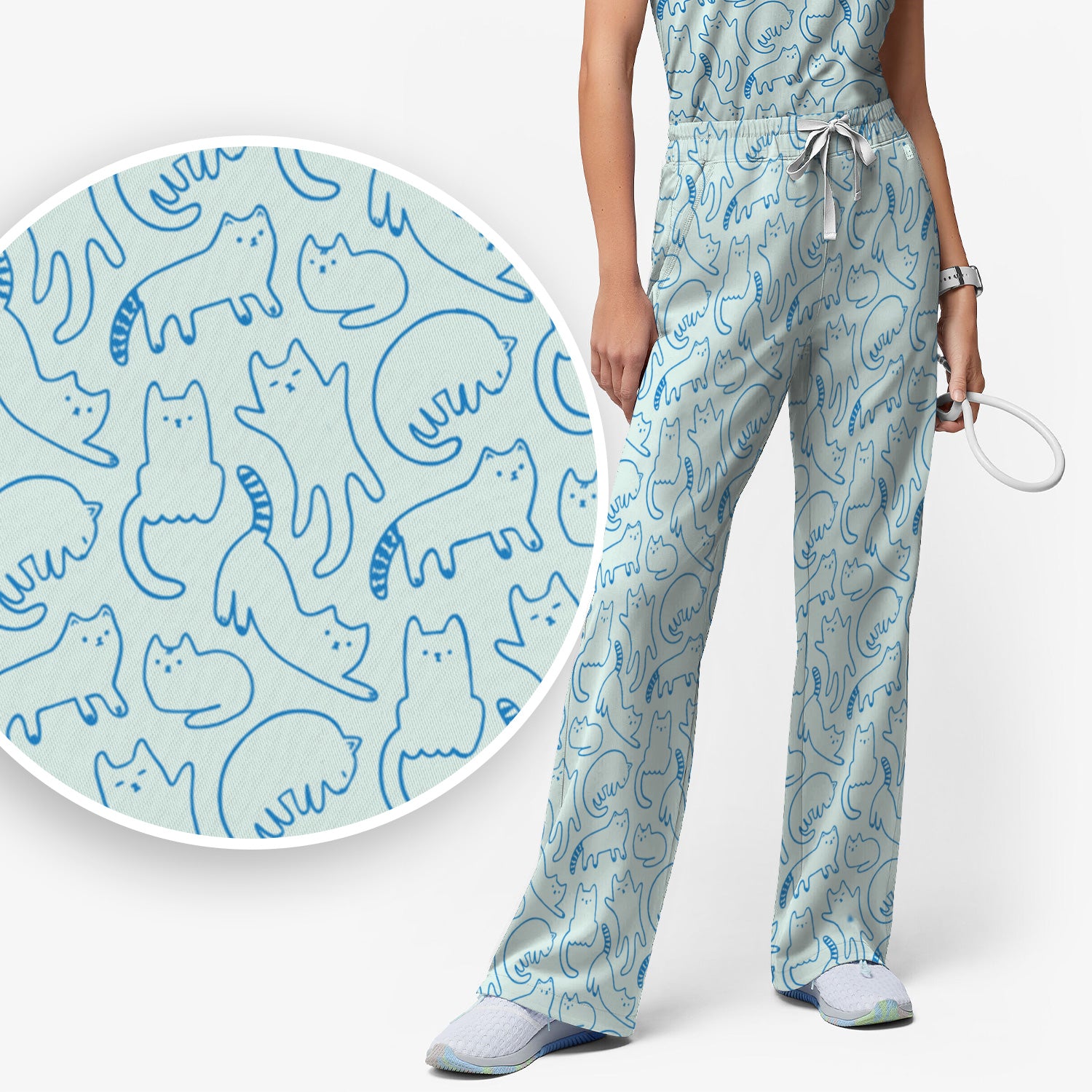 Artistic Cat Pattern Medical Scrub Set, Breathable Fabrics Nursing Uniform