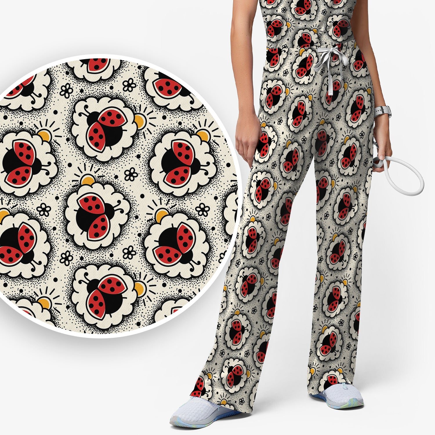 Cute Ladybug in Floral Frame Pattern Scrub Set, Breathable Med Uniform