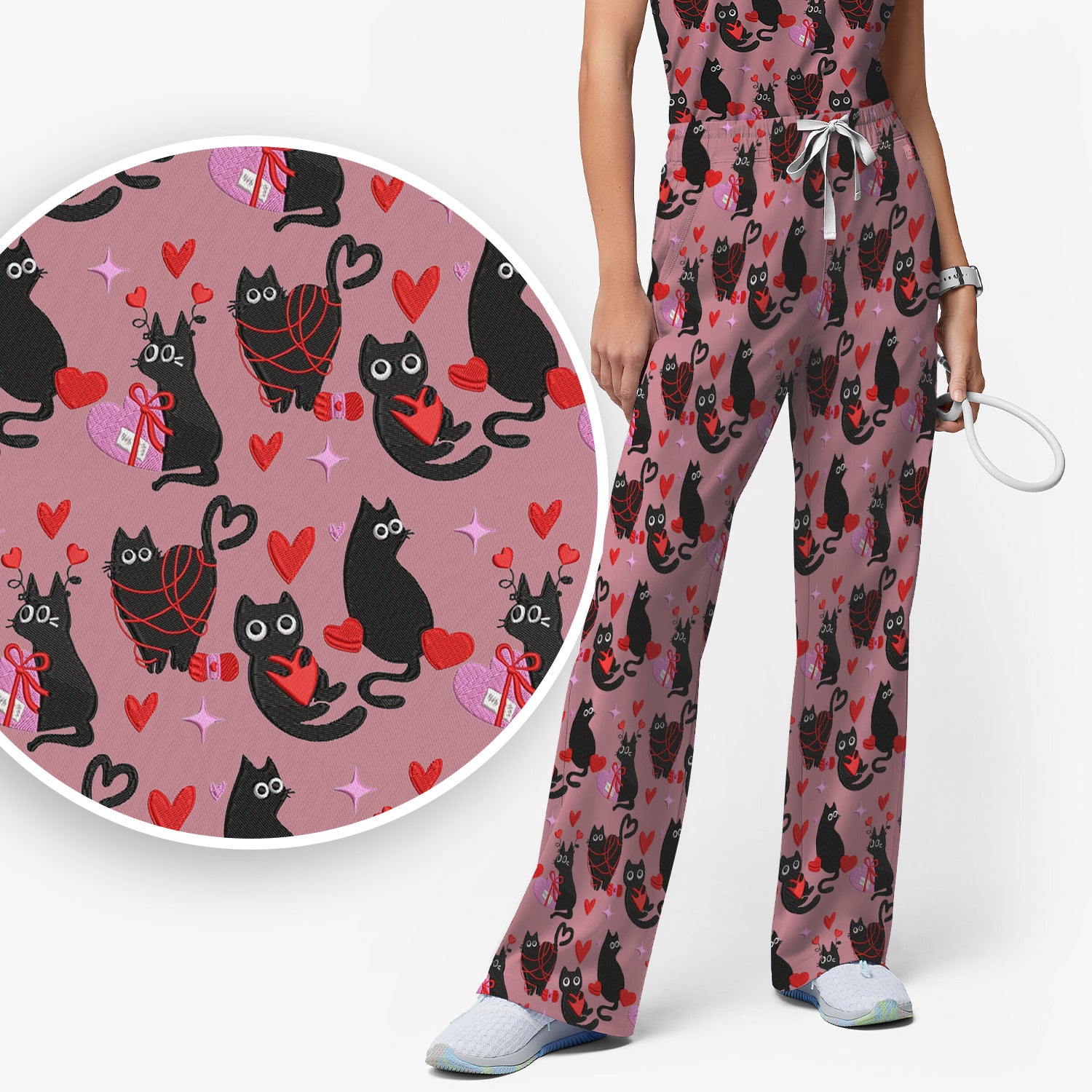 Valentine’s Day Scrub Set, Cute Black Cat With Heart Pattern Nurse Shirt, Breathable Fabrics Nursing Uniform