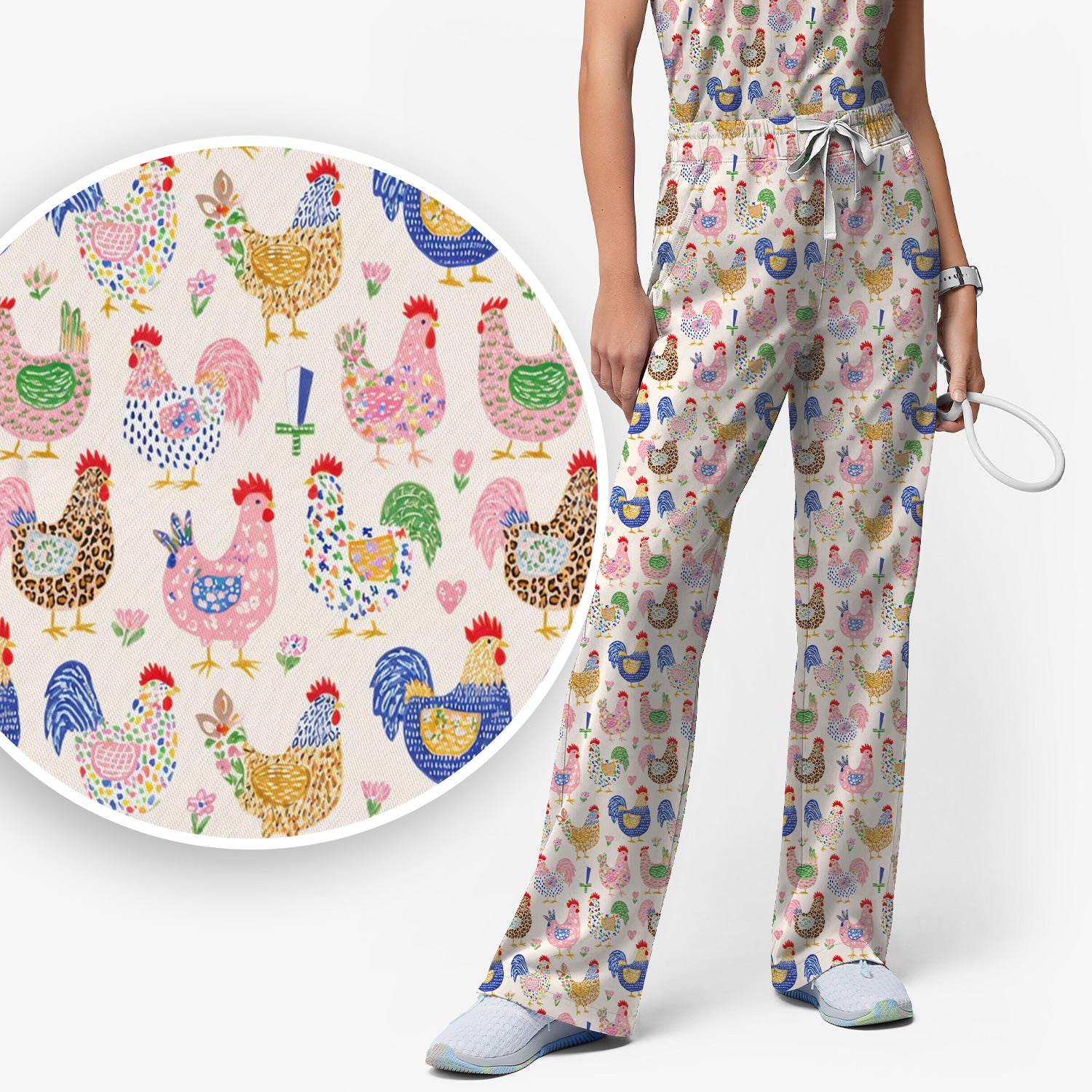 Colorful Chicken Farm Pattern Scrub Set, Scrub Pants and V Neck Top