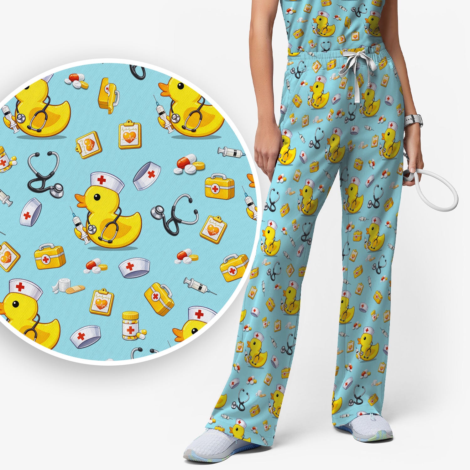 Playful Medical Duck Print Women's Scrub Set, Breathable Med Uniform