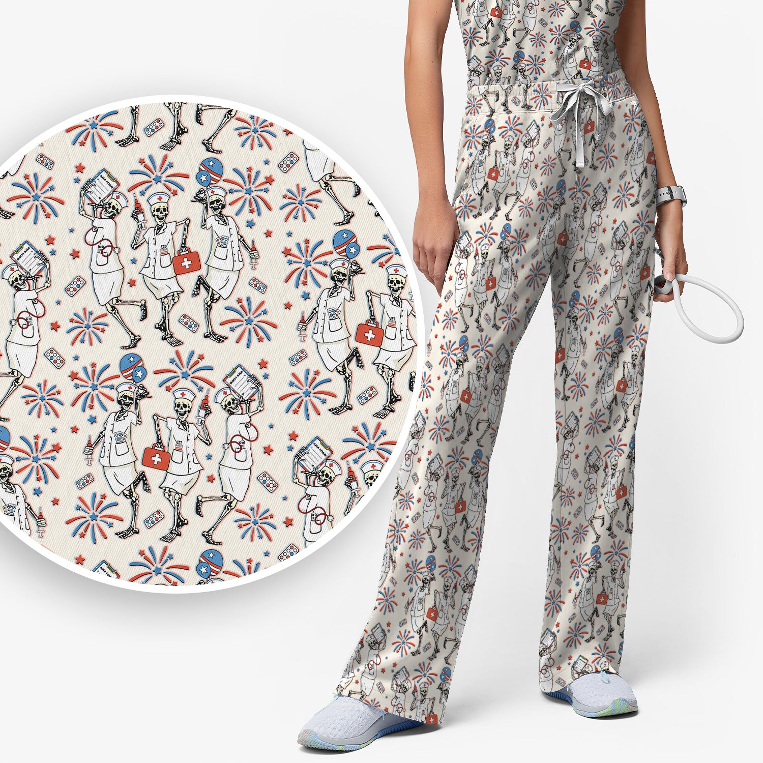 Funny Skeleton Nurse Patriotic Print Scrub Set, Scrub Pants and V Neck Top