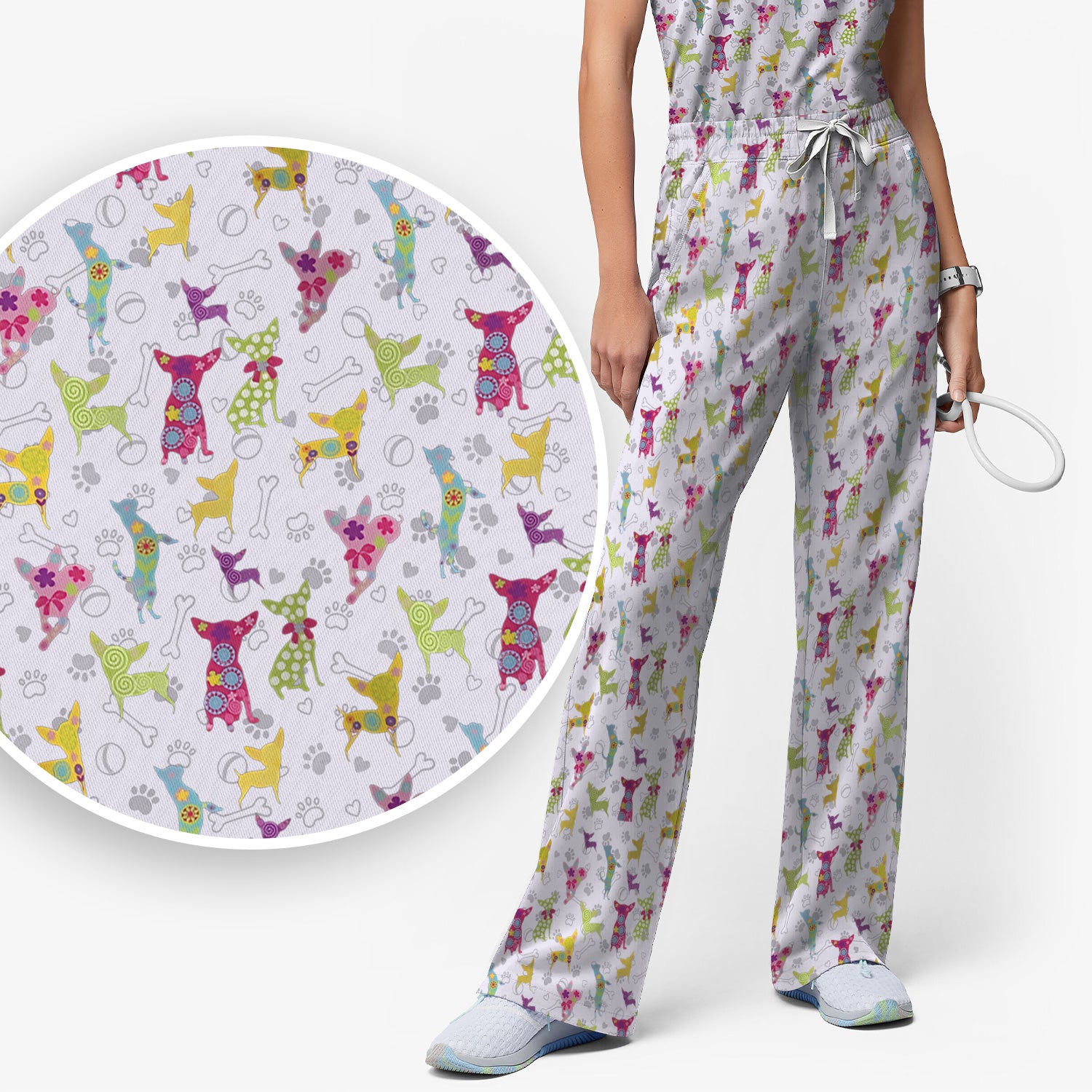 Colorful Playful Dog Print Nurse Scrub Set, Scrub Pants and V Neck Top