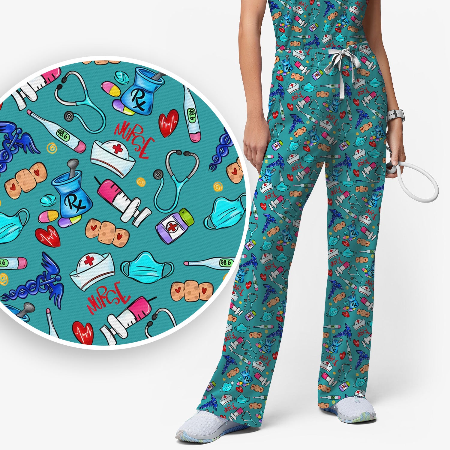 Nurse Medical Icons Stethoscope Heart Pattern Scrub Set, Scrub Pants and V Neck Top