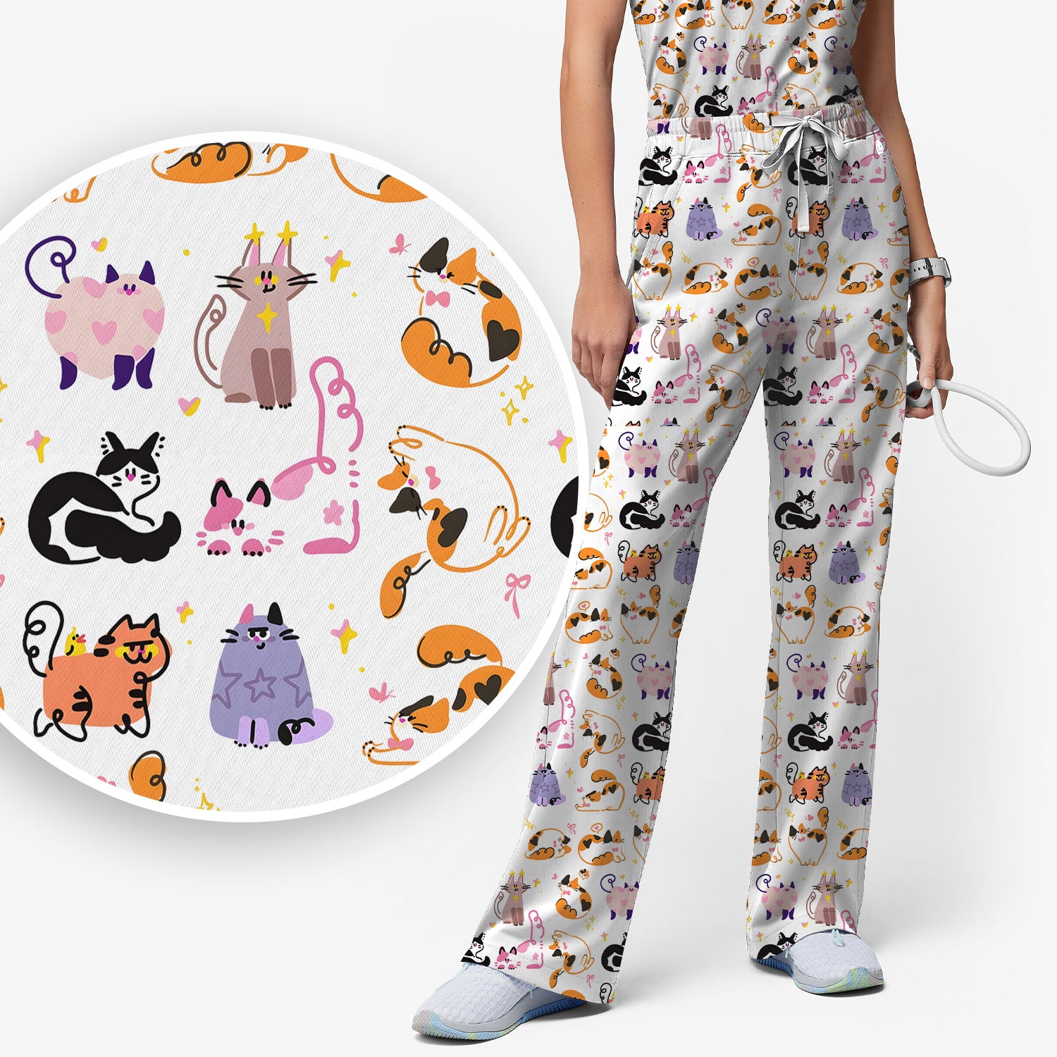 Funny Cat Pattern Scrub Set, Cute Cats Nursing Uniform For Women