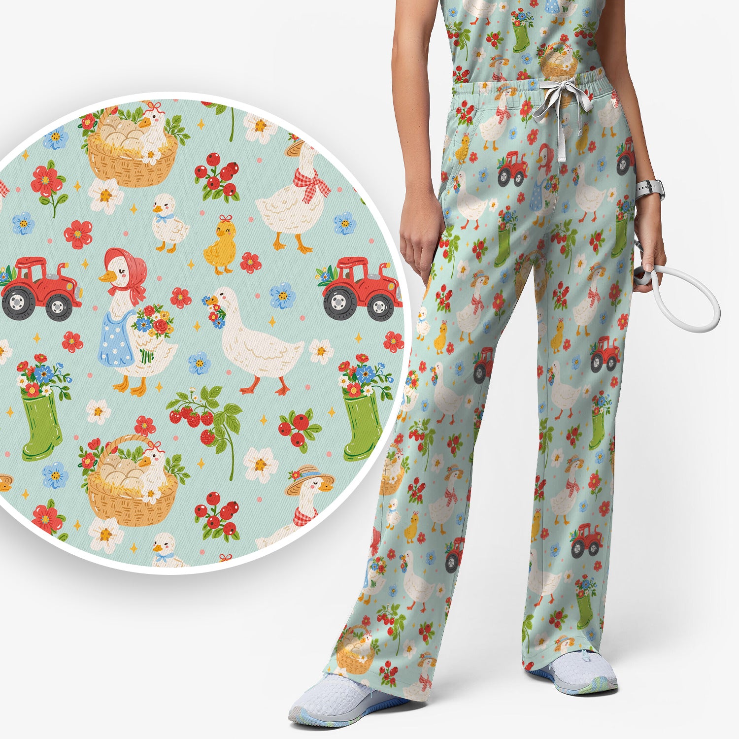 Farm Duck Chicken Tractor Flower Basket Scrub Top, Breathable Fabrics Nursing Uniform