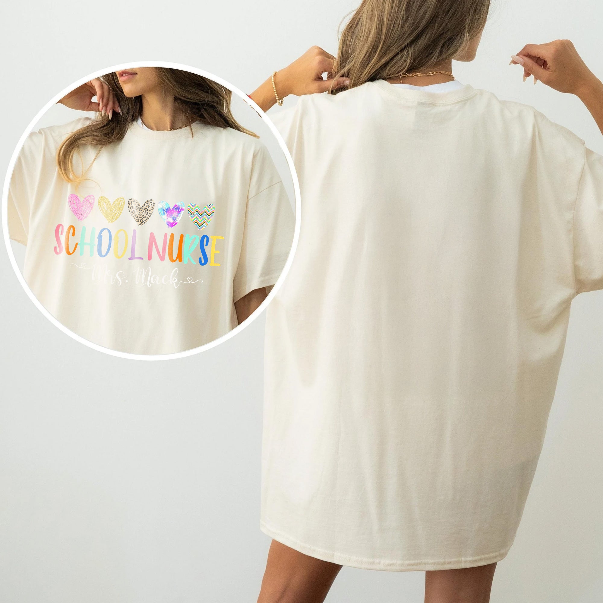 Personalized School Nurse Shirt for Women – Colorful Hearts & Name Customization – Cute Gift for Nurse Appreciation
