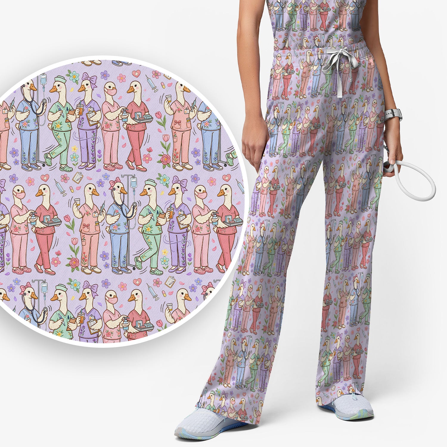 Goose Characters Floral Medical Team Uniform Pattern Scrub Set, Breathable Med Uniform