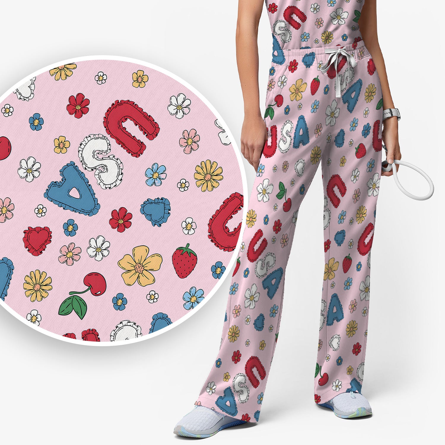 USA Cherry Strawberry Floral Patch Pattern Scrub Set, Scrub Pants and V Neck Top
