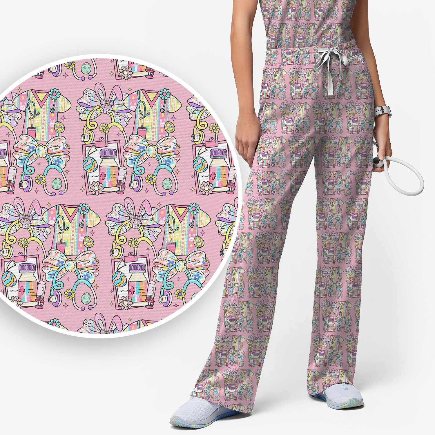 Colorful Nurse Scrub Supplies Pattern Scrub Set, Scrub Pants and V Neck Top