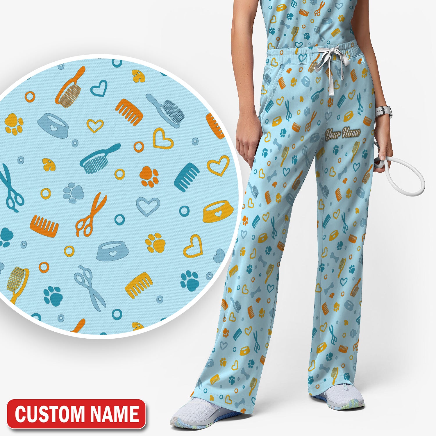 Custom Name Dog Cat Grooming Pattern Scrub Set, Scrub Pants and V Neck Top