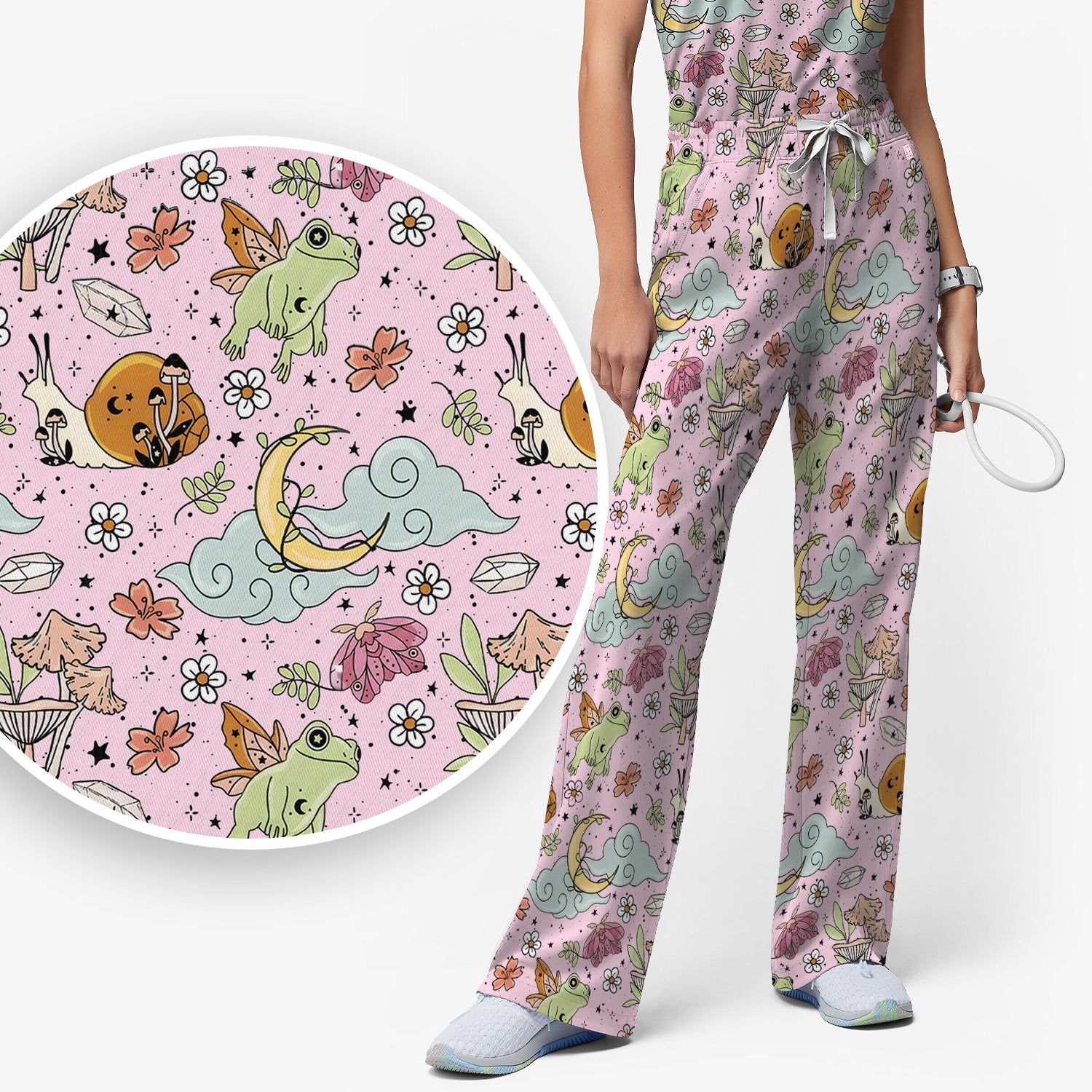 Whimsical Frog Moon Mushroom Pattern Scrub Set, Fantasy Nature Print, Breathable Med Uniform