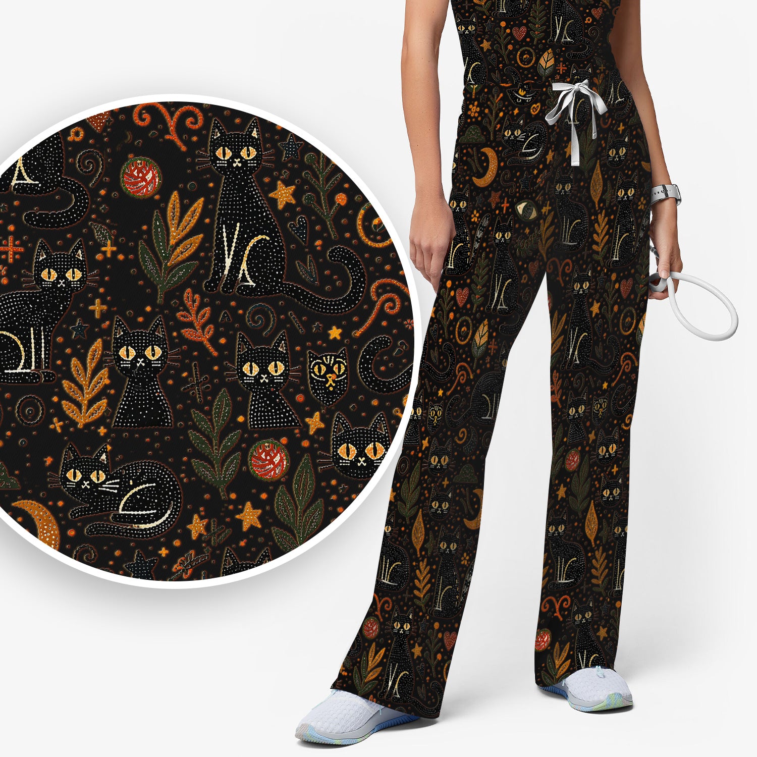 Mystic Black Cat Celestial Doodle Pattern Scrub Set, Scrub Pants and V Neck Top