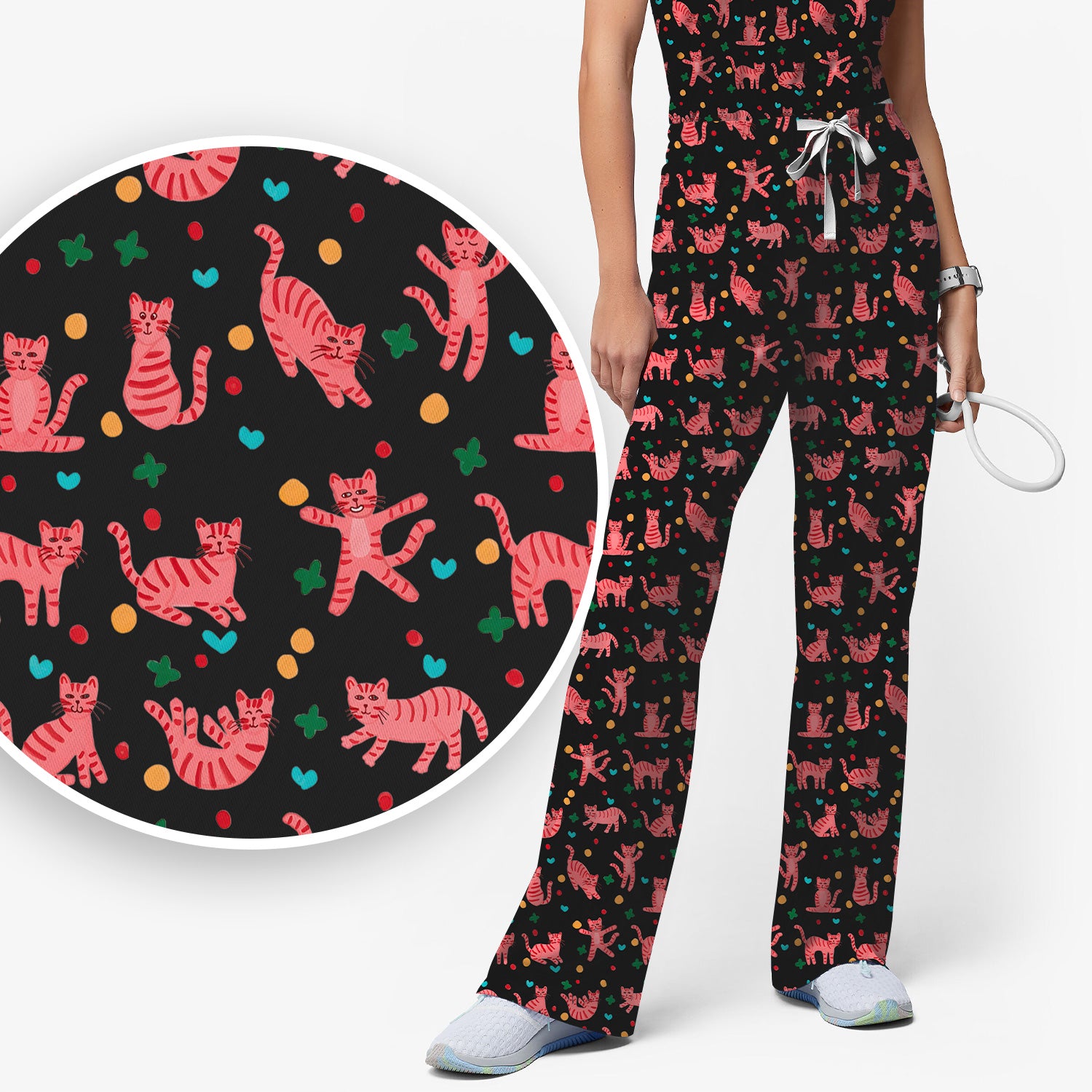 Cute Pink Cat Pattern Women's Scrub Sets, Scrub Pants and V Neck Top