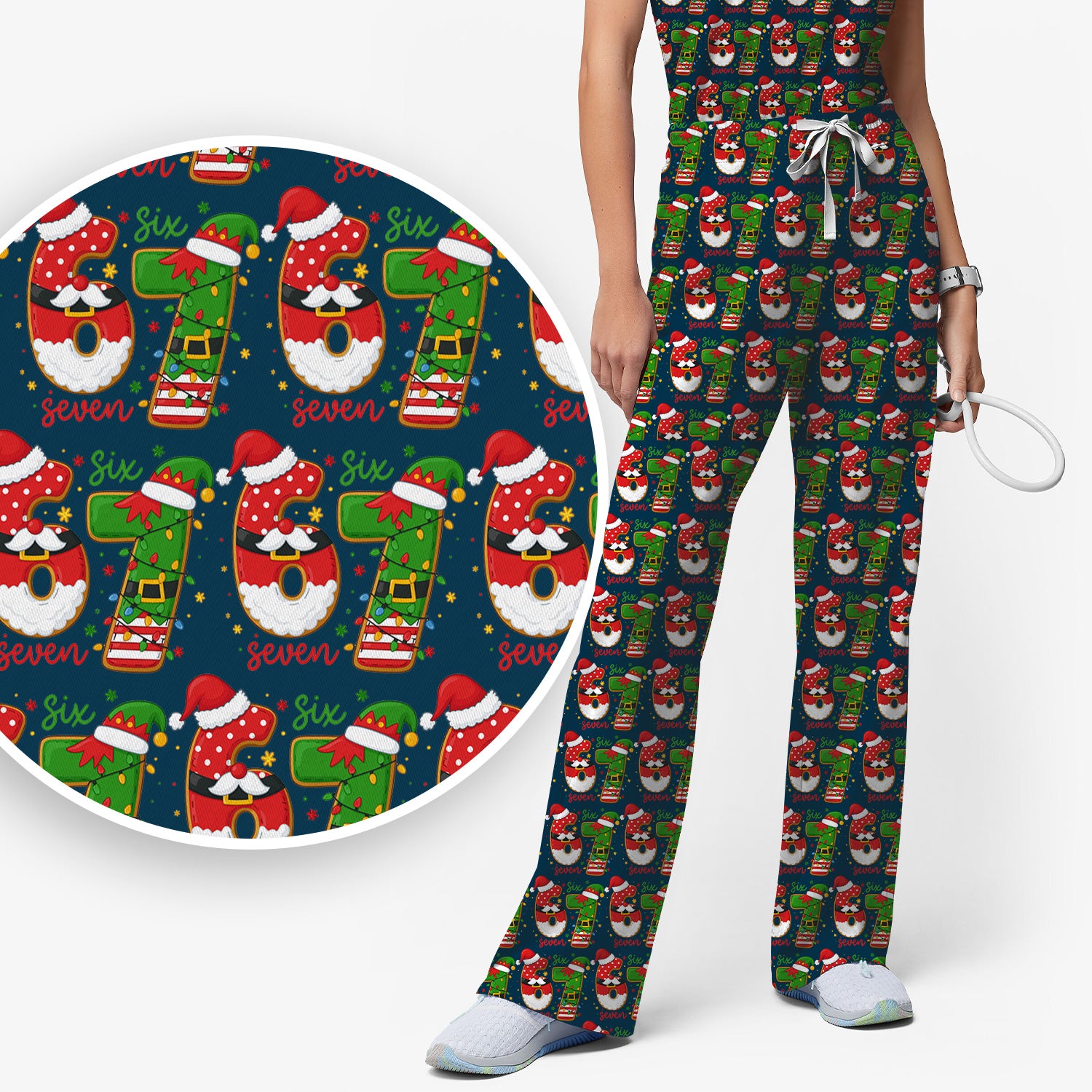Christmas 67 Pattern Scrub Top, Festive Holiday Medical Uniform Shirt For Nursing