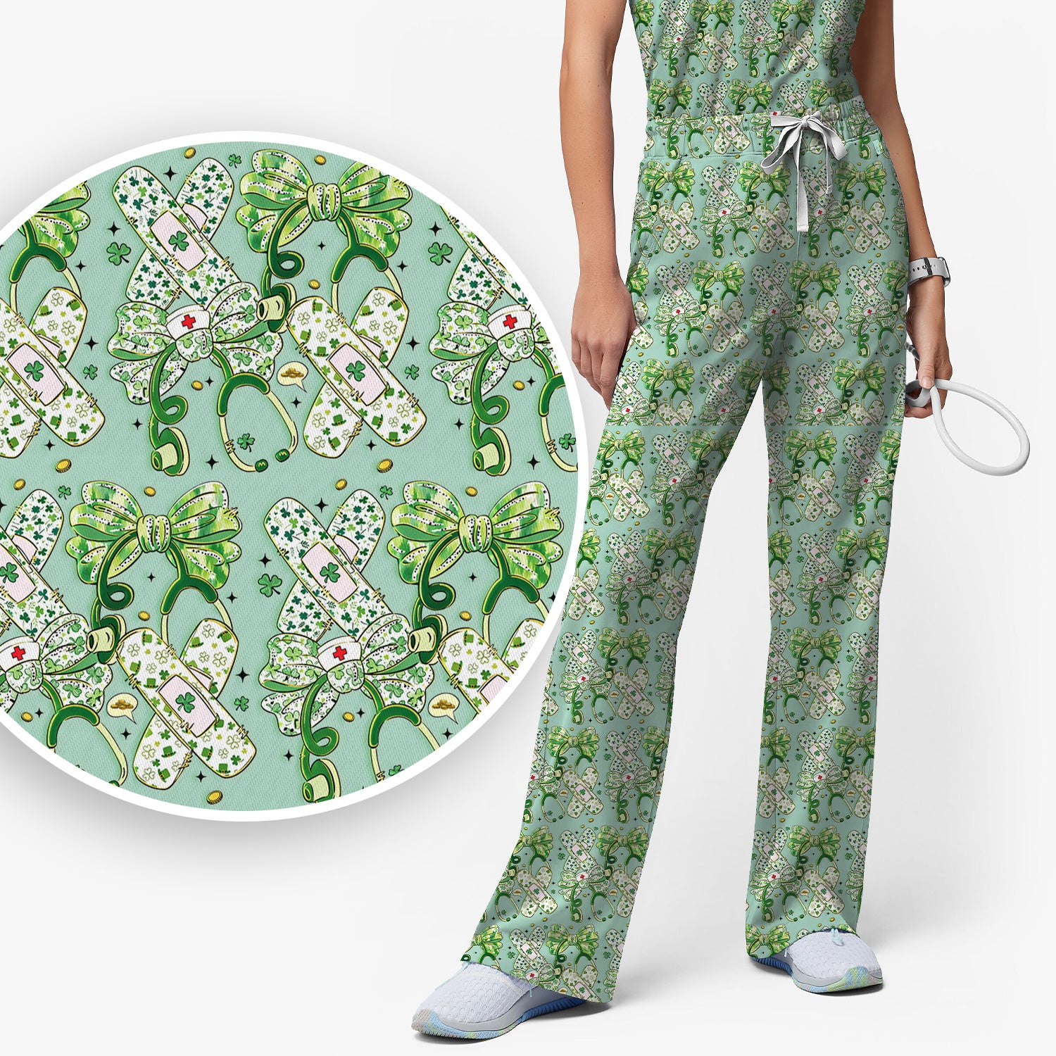 St Patrick Shamrock Stethoscope Bow Print Scrub Set, Breathable Med Uniform