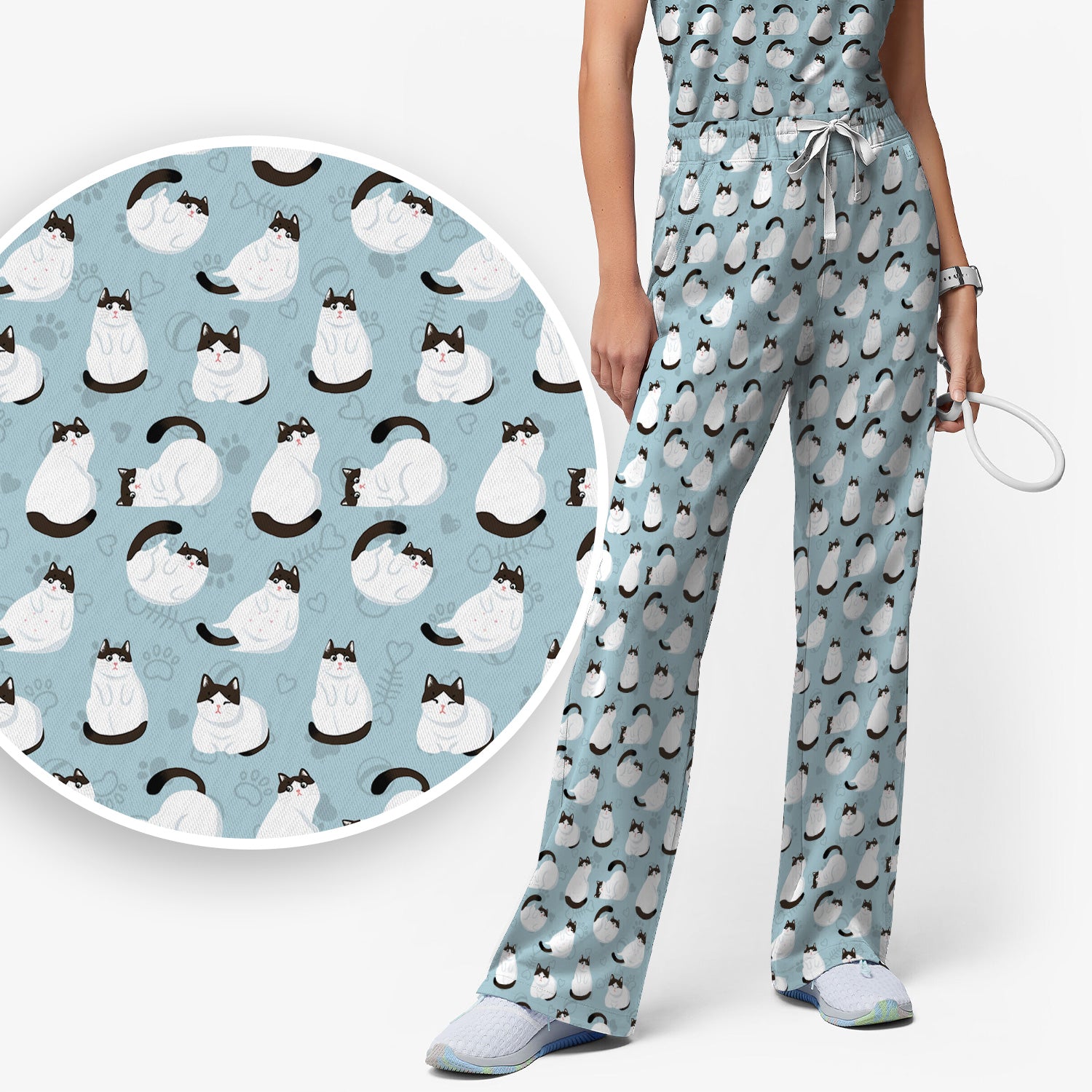 Cute Cat Pattern Medical Scrub Set, Breathable Fabrics Nursing Uniform