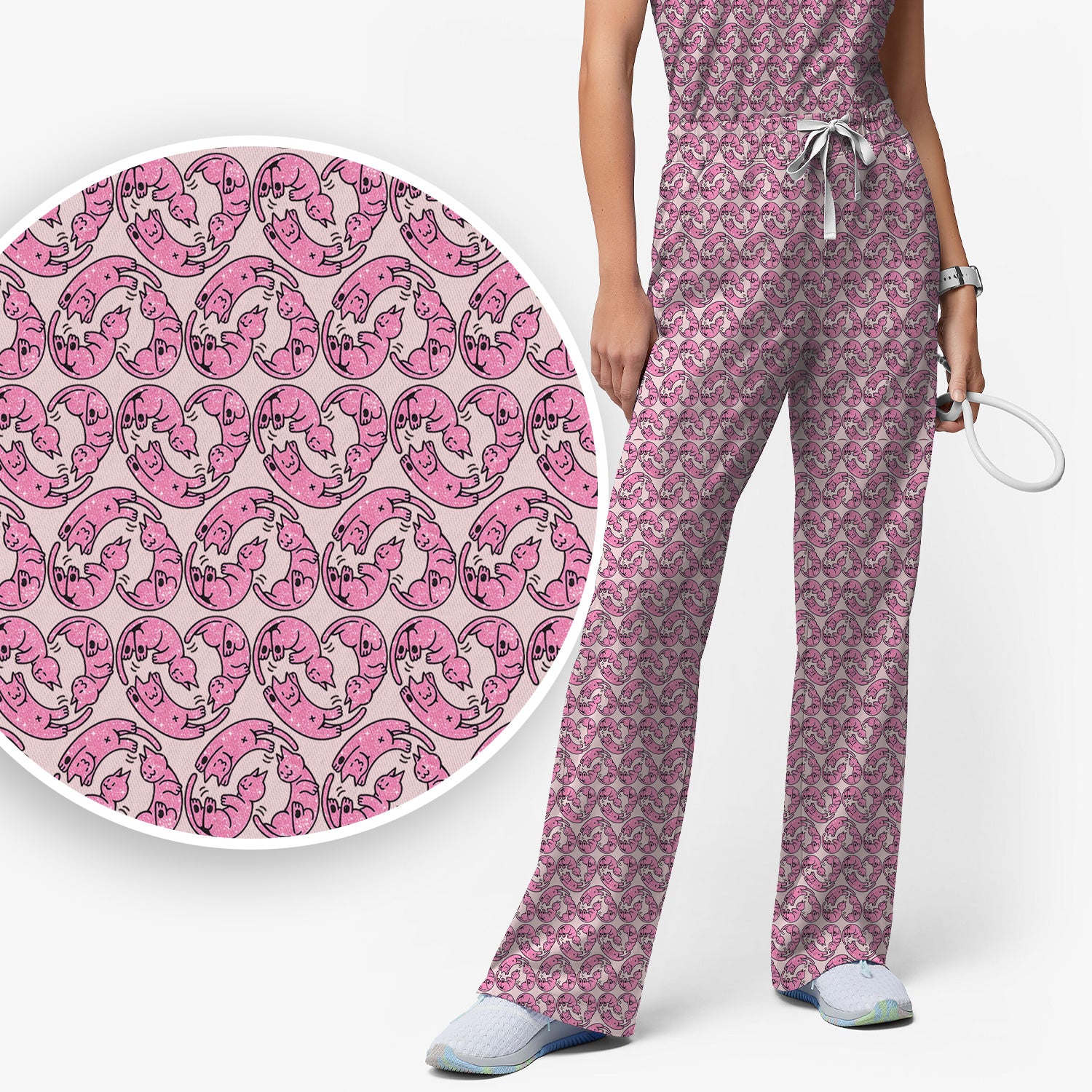 Cute Pink Cat Cartoon All Over Print Set, Women’s Scrub Sets