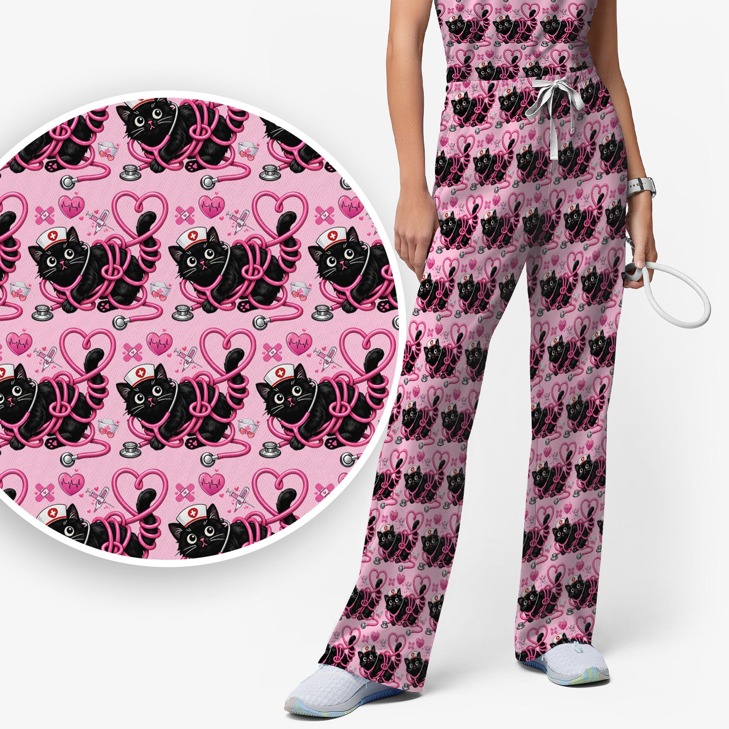 Valentine Cute Cat Nurse Heart Print Women's Scrub Set, Breathable Med Uniform