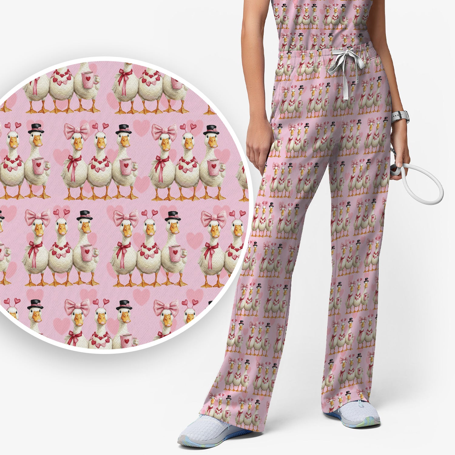 Charming Valentine Goose Heart Pink Design Scrub Set, Scrub Pants and V Neck Top