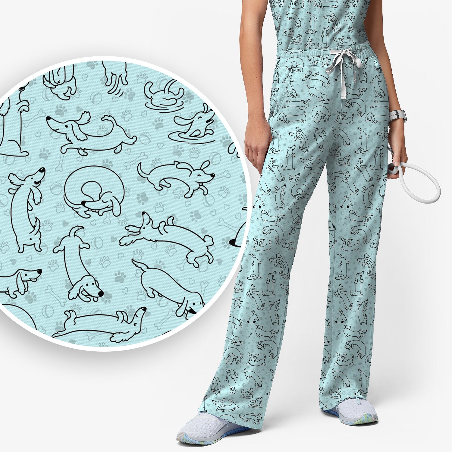 Playful Dachshund Dog Line Art Print Scrub Set, Scrub Pants and V Neck Top