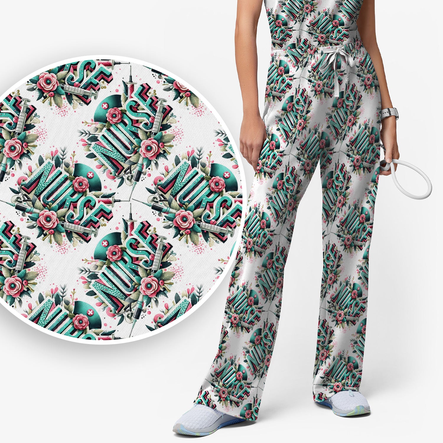 Cute Nurse Typography Floral Medical Pattern Scrub Set, Scrub Pants and V Neck Top