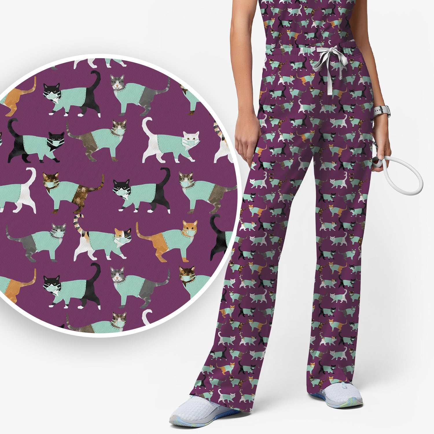 Playful Cat Nurse All Over Print Scrub Set, Scrub Pants and V Neck Top