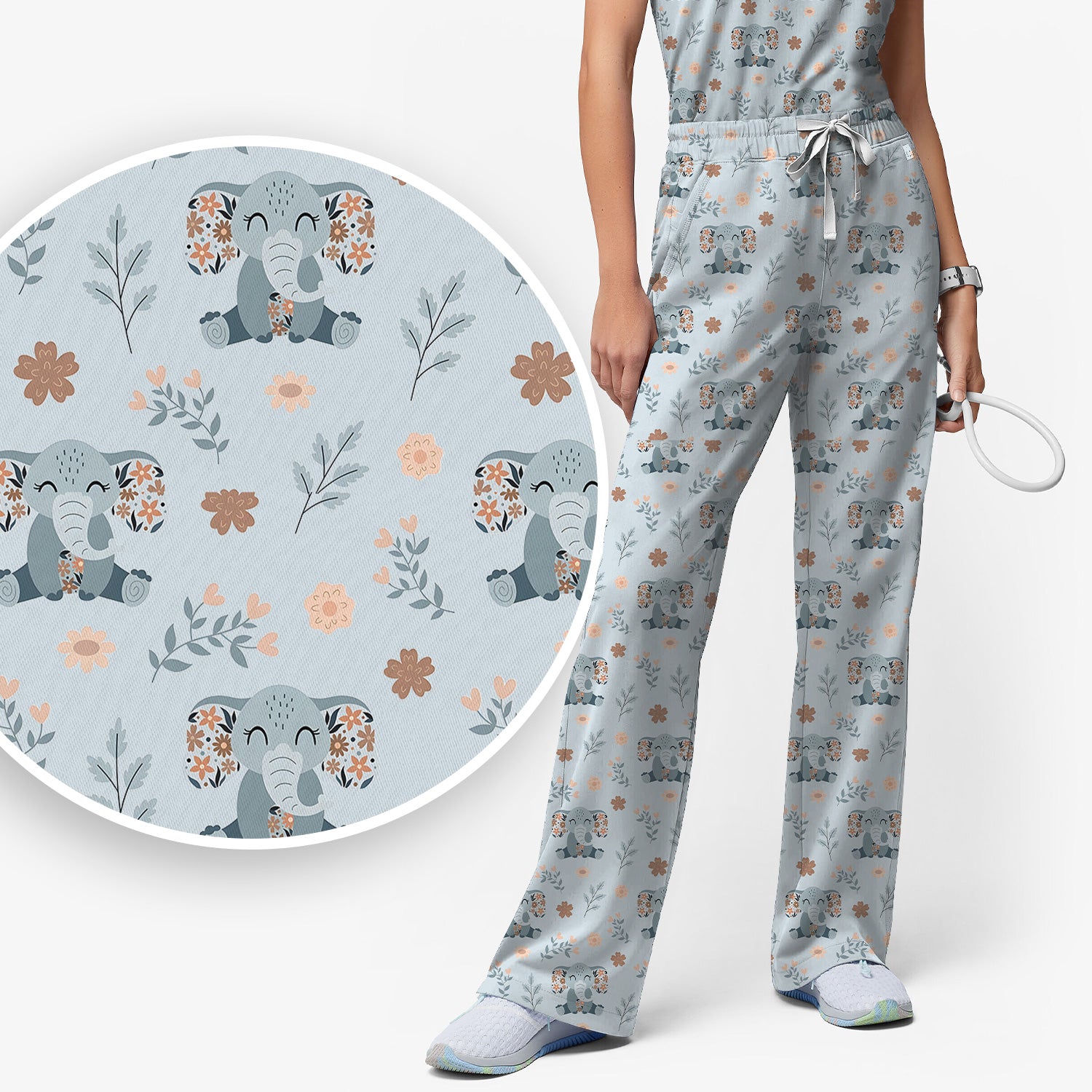 Cute Elephant Floral Print Scrub Set, Scrub Pants and V Neck Top