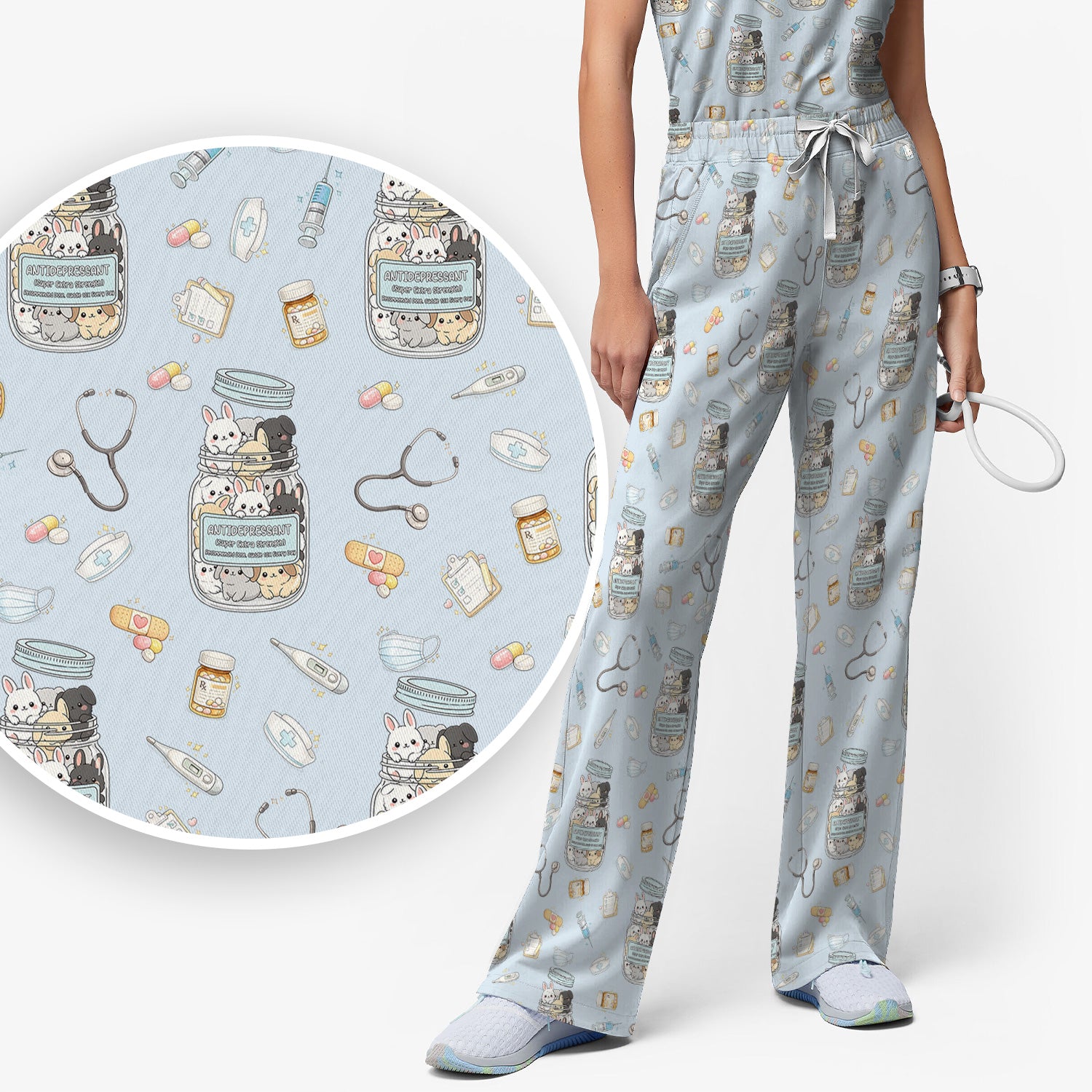 Whimsical Antidepressant Rabbit Jar Design Scrub Set, Scrub Pants and V-Neck Top