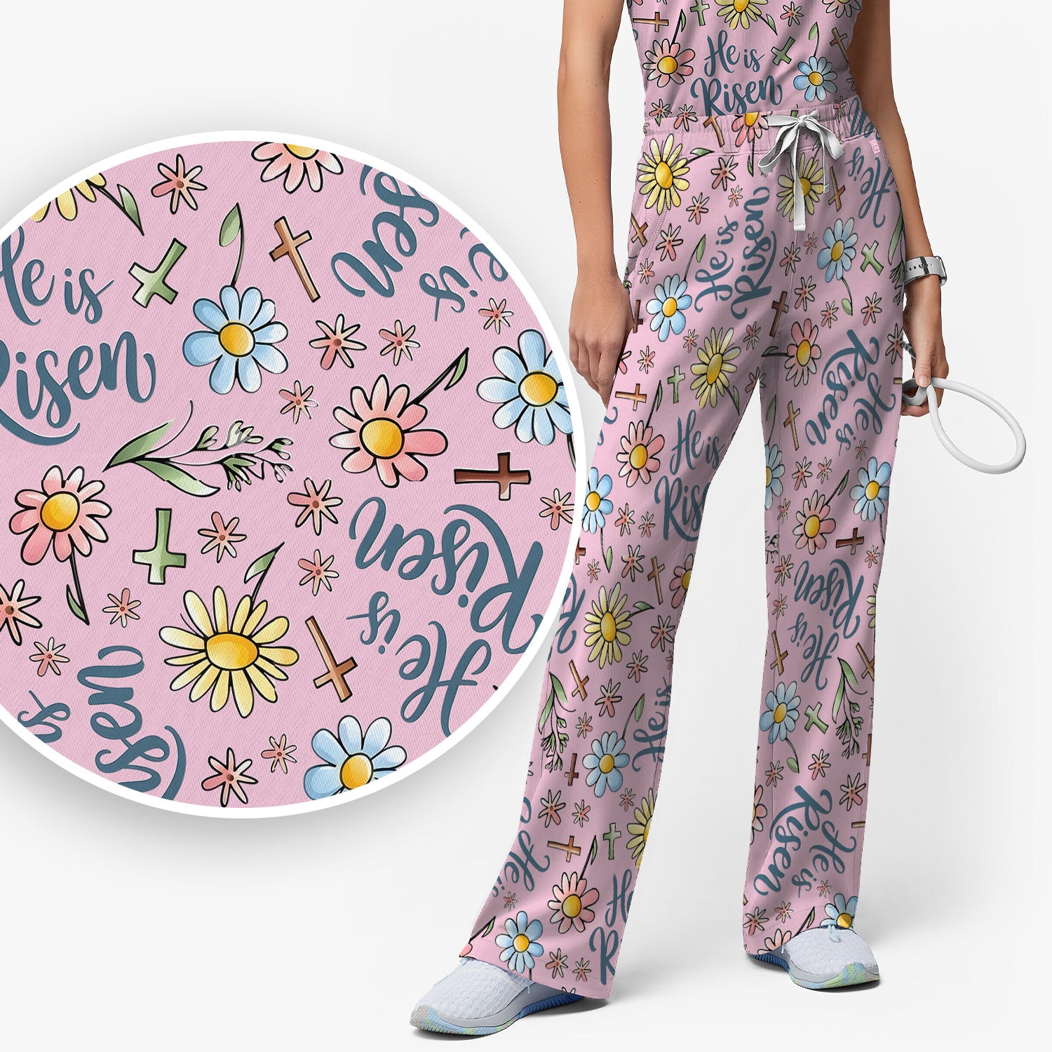 He Is Risen Cross Flower Pattern Scrub Set, Nurse Uniform Scrubs Set
