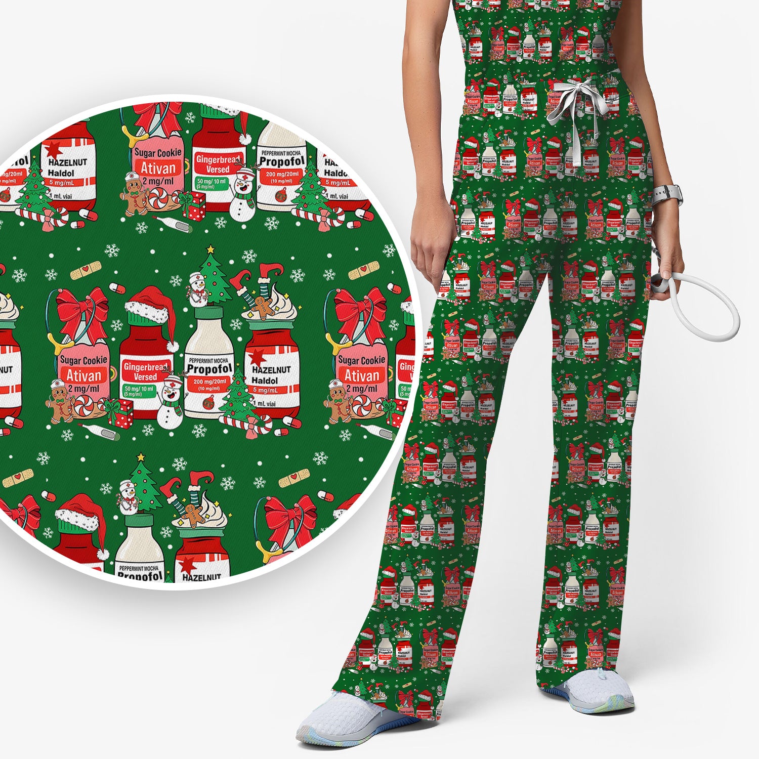 Funny Christmas Medication Scrub Set – Festive Holiday Pharma Bottles Pattern – Playful Medical Uniform for Nurses, Pharmacists & Healthcare Workers